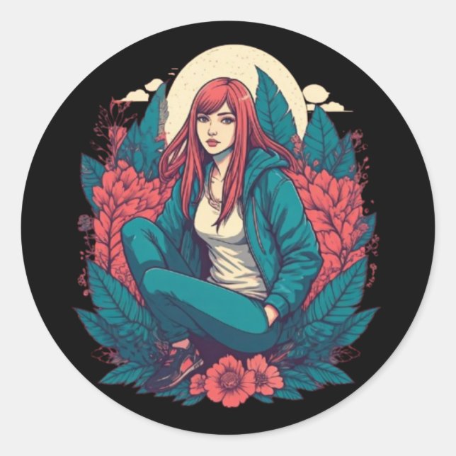 Moonlit Serenity: A Redhead's Reflection Classic Round Sticker (Front)