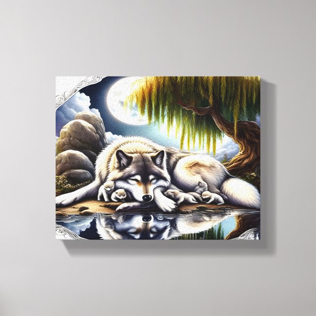 Moonlit Serenity A Slumbering Wolf 10x8 Canvas Print (Front)