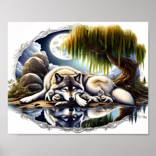 Moonlit Serenity A Slumbering Wolf 10x8 Poster