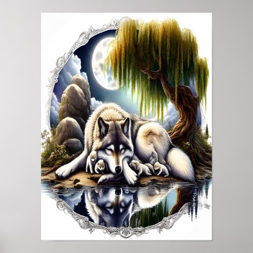 Moonlit Serenity A Slumbering Wolf 12x16 Poster