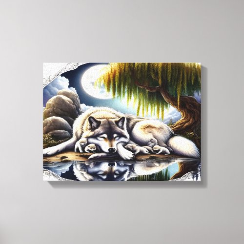 Moonlit Serenity A Slumbering Wolf 16x12 Canvas Print