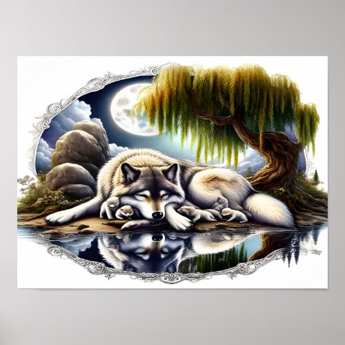Moonlit Serenity A Slumbering Wolf 16x12 Poster