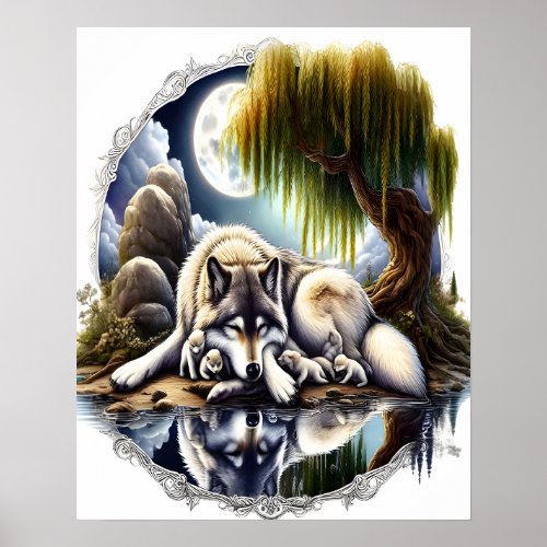 Moonlit Serenity A Slumbering Wolf 16x20 Poster