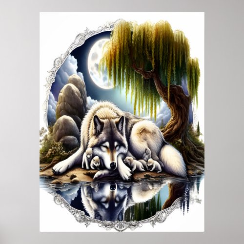 Moonlit Serenity A Slumbering Wolf 18x24 Poster