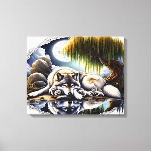 Moonlit Serenity A Slumbering Wolf 20x16 Canvas Print