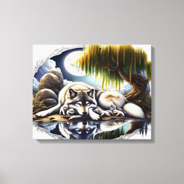 Moonlit Serenity A Slumbering Wolf 20x16 Canvas Print (Front)