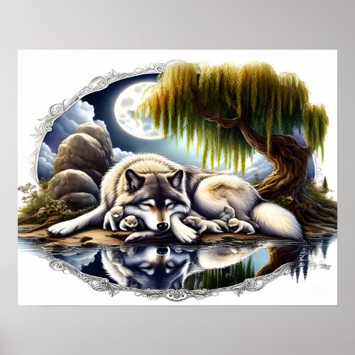 Moonlit Serenity A Slumbering Wolf  20x16 Poster