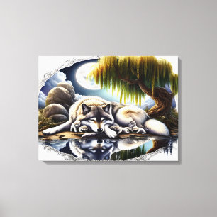 Moonlit Serenity A Slumbering Wolf 24x18 Canvas Print