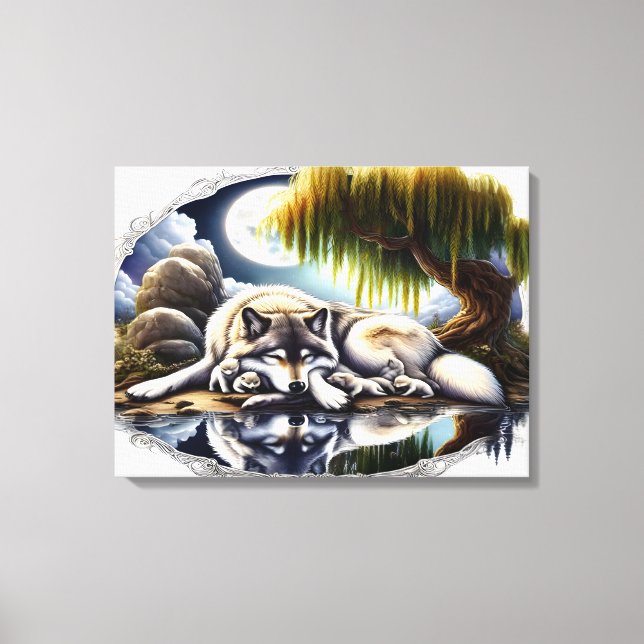 Moonlit Serenity A Slumbering Wolf 24x18 Canvas Print (Front)