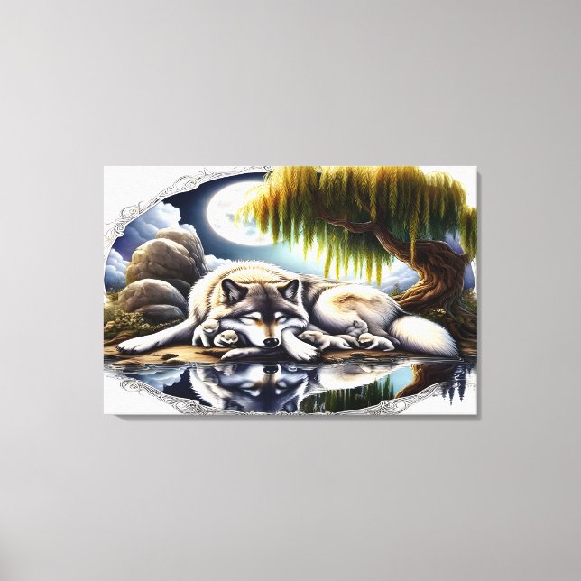 Moonlit Serenity A Slumbering Wolf 36x24 Canvas Print (Front)