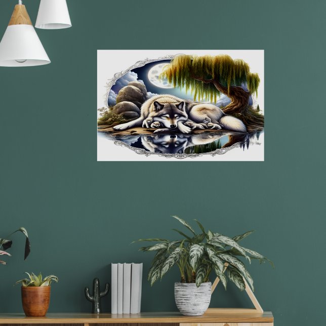 Moonlit Serenity A Slumbering Wolf 36x24 Poster (Living Room 1)