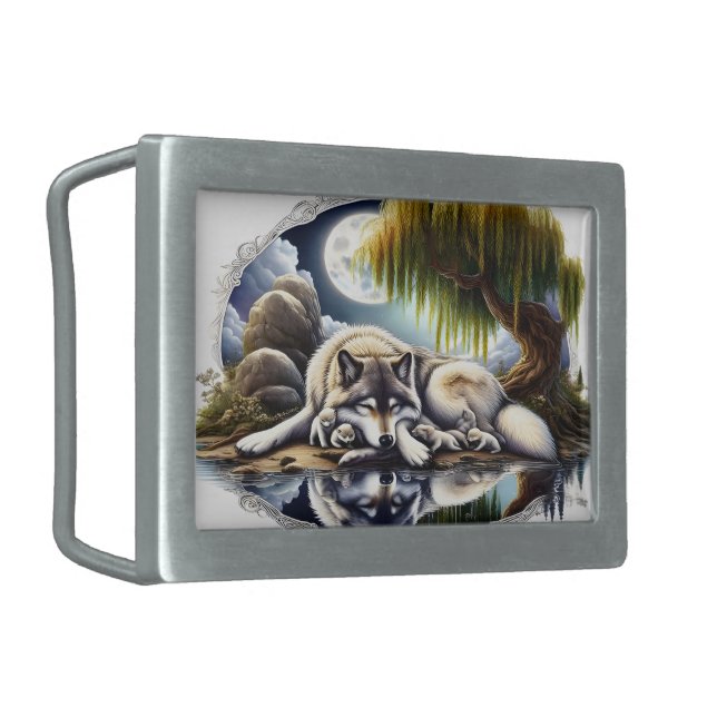 Moonlit Serenity A Slumbering Wolf Belt Buckle (Front Left)