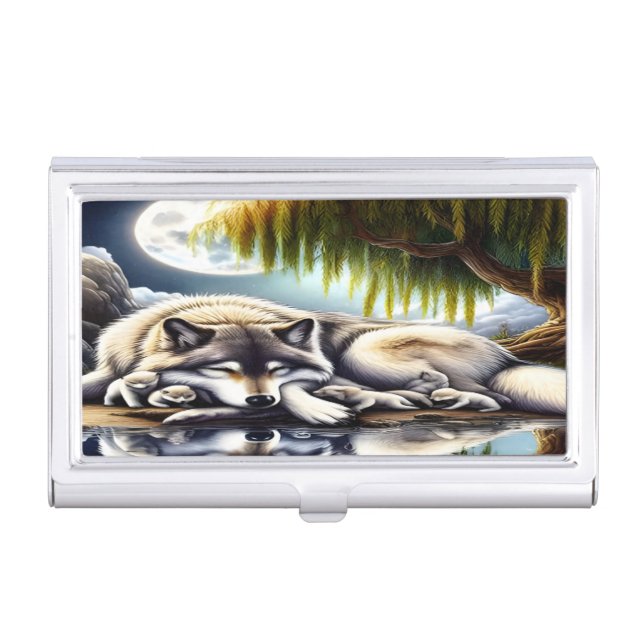 Moonlit Serenity A Slumbering Wolf Business Card Case (Front)