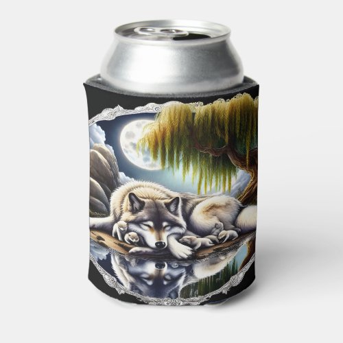 Moonlit Serenity A Slumbering Wolf Can Cooler