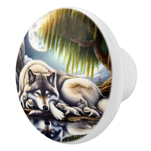 Moonlit Serenity A Slumbering Wolf Ceramic Knob