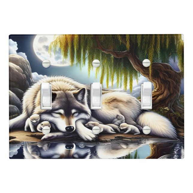 Moonlit Serenity A Slumbering Wolf Light Switch Cover (In Situ)