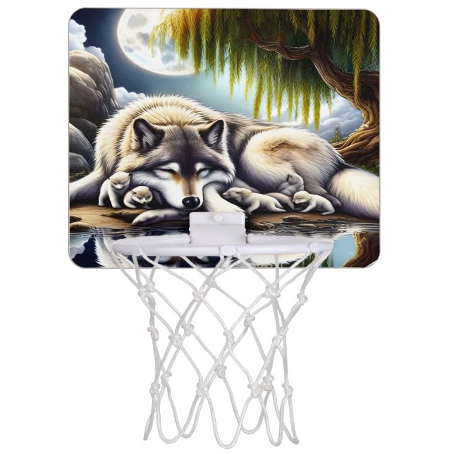 Moonlit Serenity A Slumbering Wolf Mini Basketball Hoop (Front)