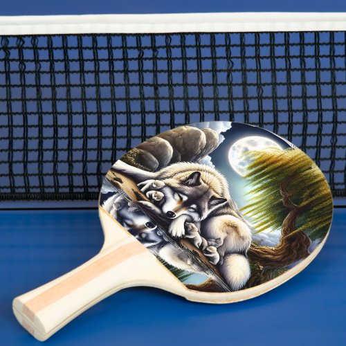 Moonlit Serenity A Slumbering Wolf Ping Pong Paddle