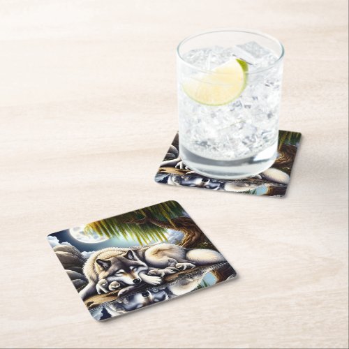 Moonlit Serenity A Slumbering Wolf Square Paper Coaster