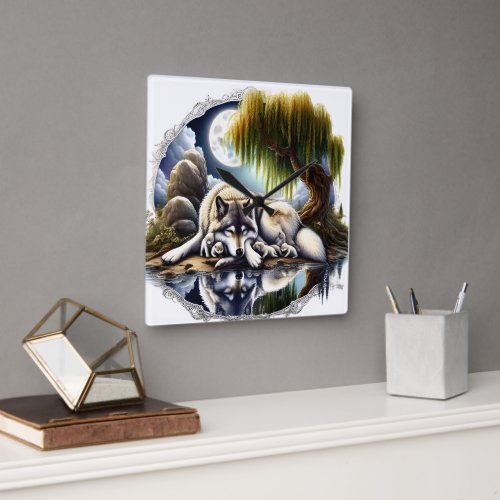 Moonlit Serenity A Slumbering Wolf Square Wall Clock