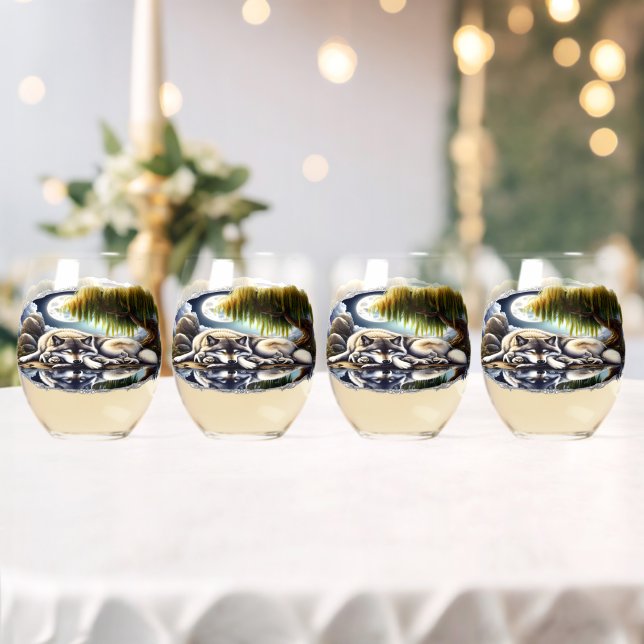 Moonlit Serenity A Slumbering Wolf Stemless Wine Glass (Insitu (Wedding))