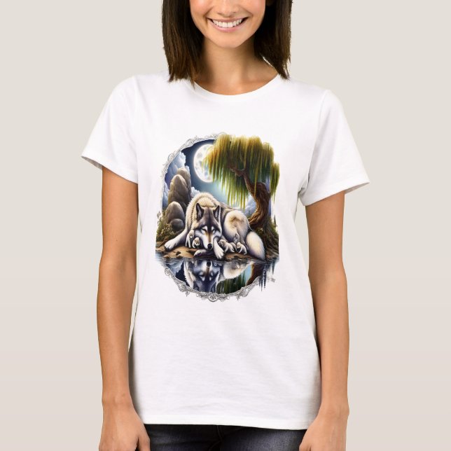 Moonlit Serenity A Slumbering Wolf T-Shirt (Front)