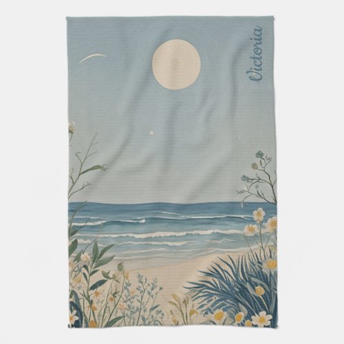 Moonlit Serenity Pastel Beach Landscape Design Kitchen Towel