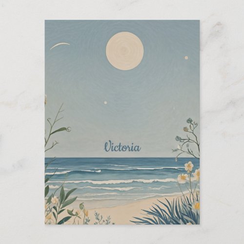 Moonlit Serenity Pastel Beach Landscape Design Postcard