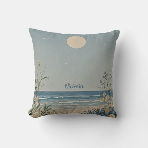 Moonlit Serenity Pastel Beach Landscape Design Throw Pillow