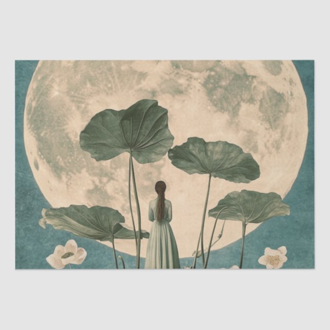 Moonlit Serenity – Vintage Lotus Scene Tissue Paper (Front)