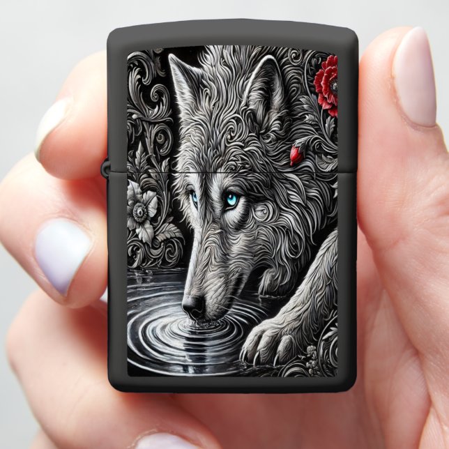Moonlit Serenity Wolf Portrait Zippo Lighter (In Hand)