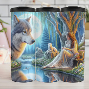 Moonlit Serenity, Woman and Wolf Pack. Thermal Tumbler