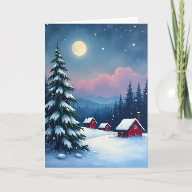 Moonlit Snowy Cabin Night Card (Front)