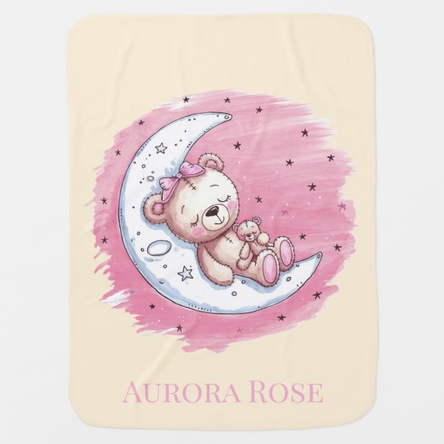 Moonlit Snuggles: A Bear’s Dream Girl Baby Shower Baby Blanket (Front)