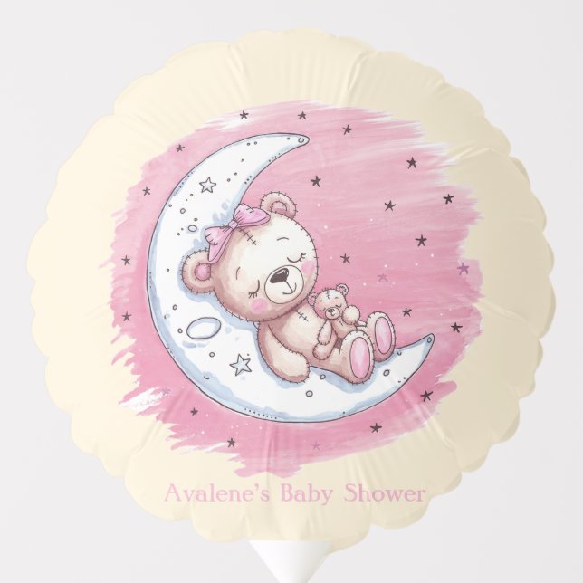 Moonlit Snuggles: A Bear’s Dream Girl Baby Shower Balloon (Front)