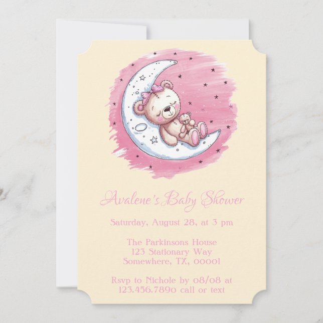 Moonlit Snuggles: A Bear’s Dream Girl Baby Shower Invitation (Front)