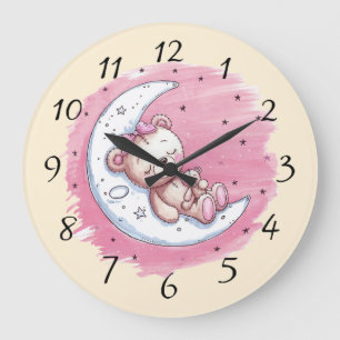 Moonlit Snuggles: A Bear’s Dream Girl Baby Shower Large Clock
