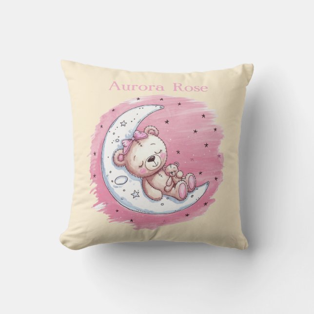 Moonlit Snuggles: A Bear’s Dream Girl Baby Shower Throw Pillow (Front)