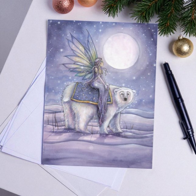Moonlit Solstice Fairy and Polar Bear Art Postcard (Creator Uploaded)