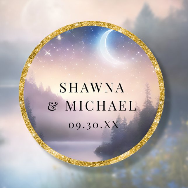 Moonlit Star Mountain Lake Fantasy Elegant Wedding Classic Round Sticker (Creator Uploaded)