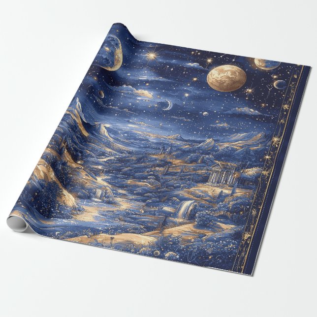 Moonlit Starry Dreamland Mythical Blue Design Wrapping Paper (Unrolled)