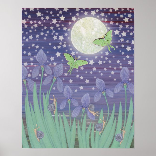 moonlit stars, luna moths, snails, & irises poster (Front)