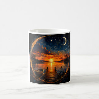 Moonlit Sunset Lake – Fantasy Dock & Boat Art Coffee Mug