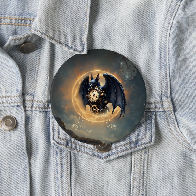 Moonlit Timekeeper – Steampunk Bat  Button (In Situ)