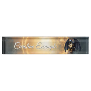Moonlit Timekeeper – Steampunk Bat  Desk Name Plate