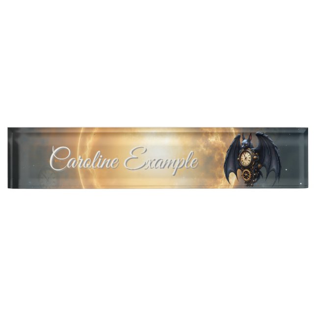 Moonlit Timekeeper – Steampunk Bat  Desk Name Plate (Front)
