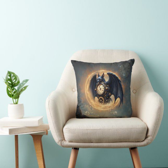 Moonlit Timekeeper – Steampunk Bat  Throw Pillow (Chair)