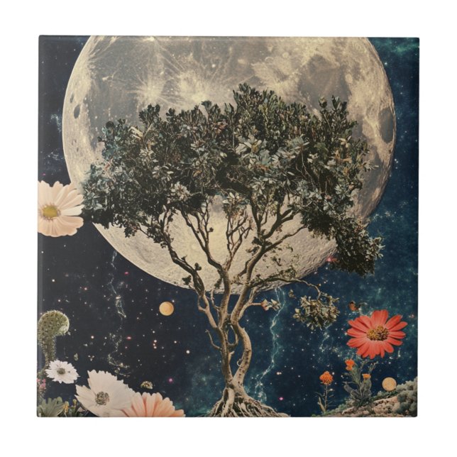 Moonlit Tree & Blossoms Ceramic Tile (Front)