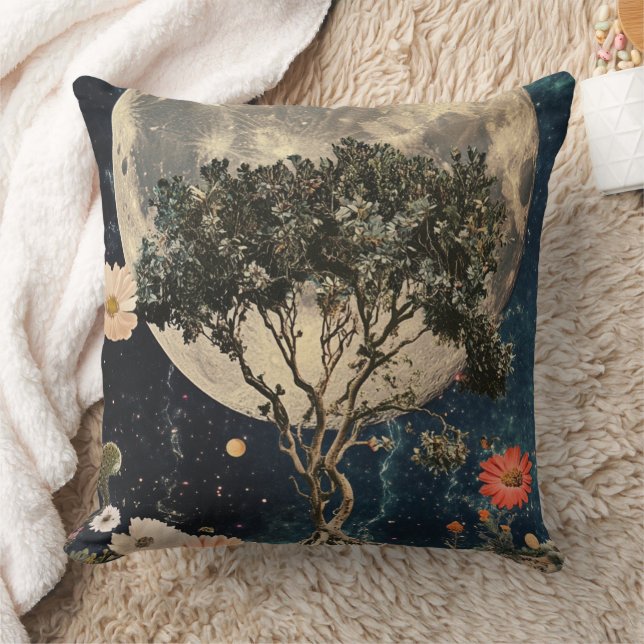Moonlit Tree & Blossoms Throw Pillow (Blanket)