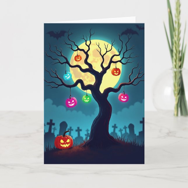 Moonlit Trees Glowing Pumpkins Card (Front)